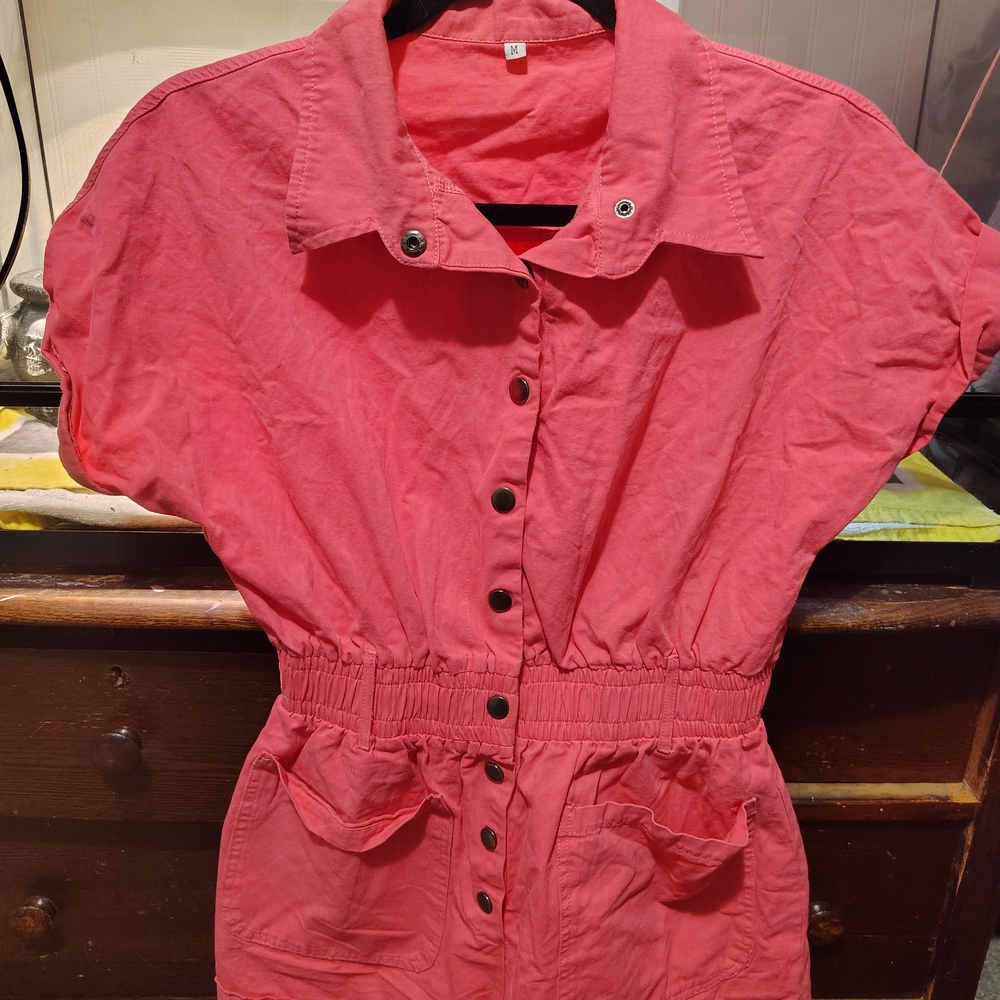 Pink Button-Up Short Sleeve Dress